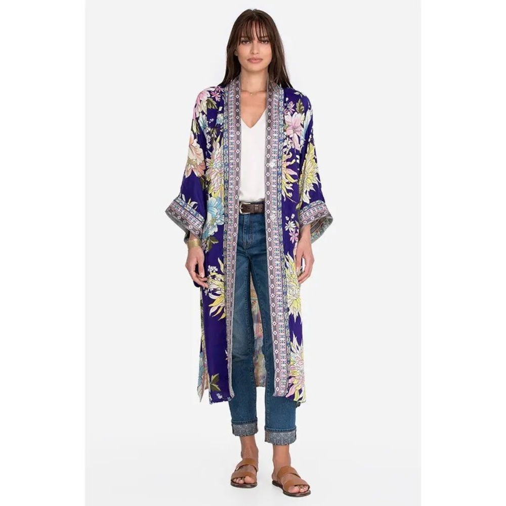 Johnny Was Annika Reversible Satin Kimono Duster Floral Patchwork Long Cardigan